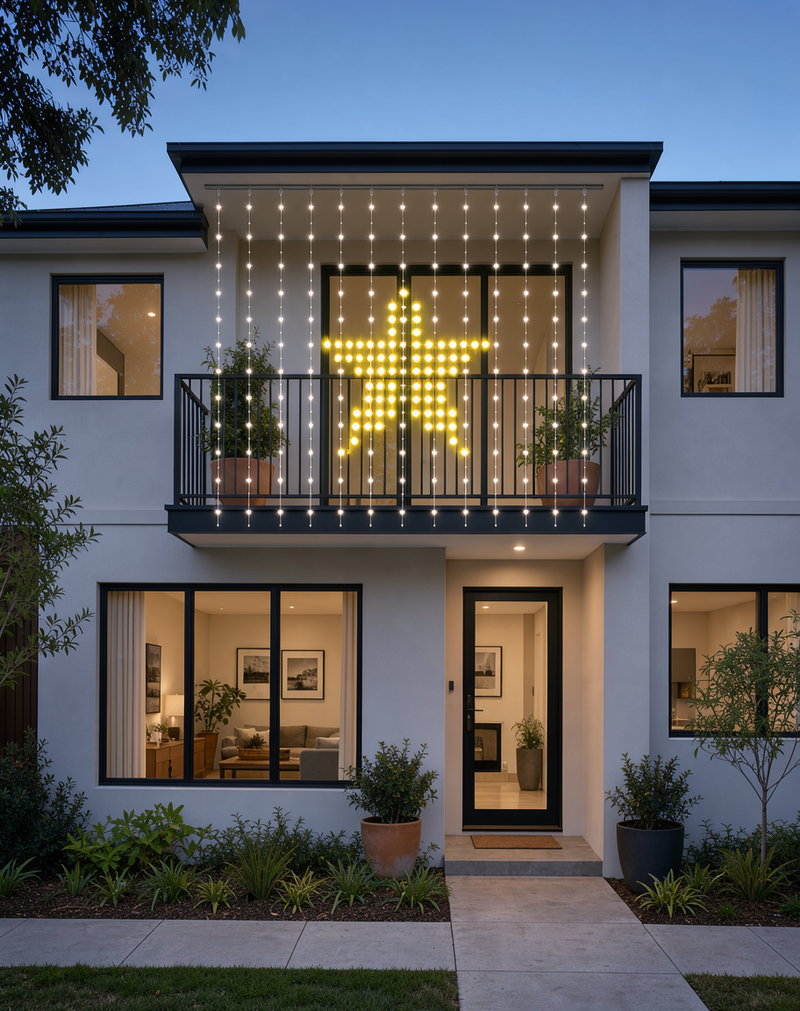 Styled scene: pixel curtain showing a yellow star on an Australian townhouse balcony at dusk