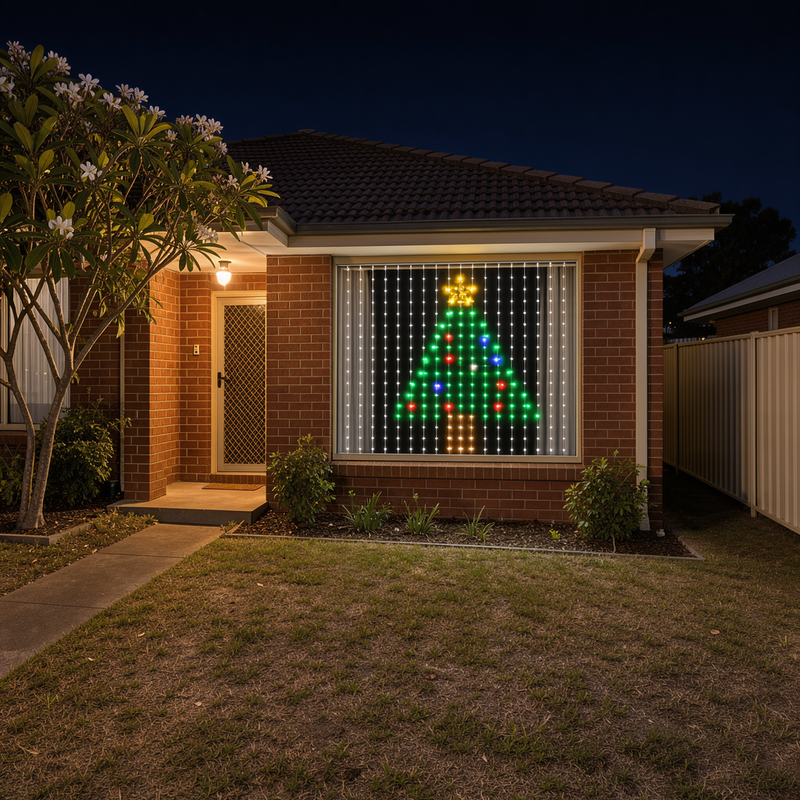 Larrikin Lights pixel curtain showing a Christmas tree in the front window of an Australian brick home at night