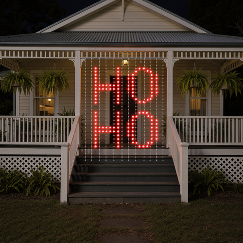 Pixel curtain on a Queenslander verandah spelling HO HO in red lights