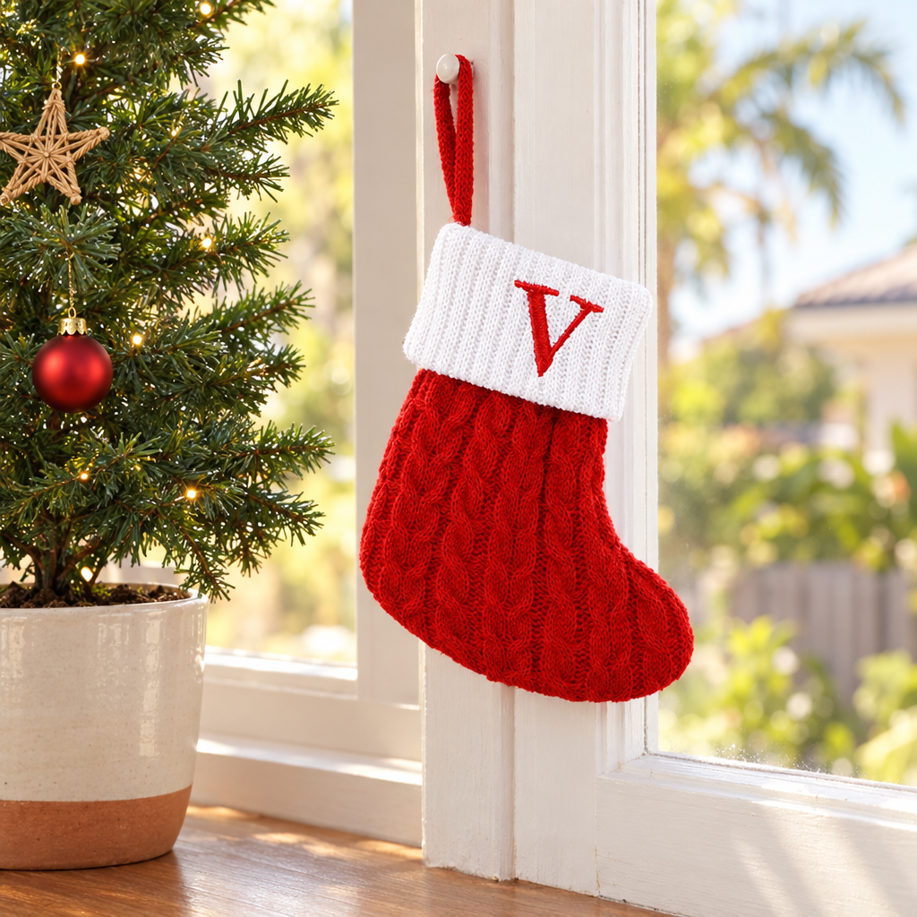 Mini red knit letter stocking hanging in a sunny window (styled scene)