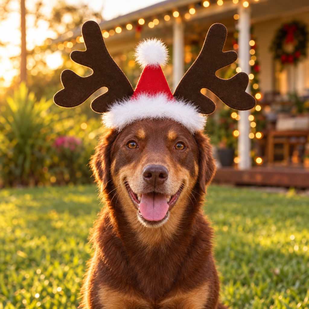 Kelpie wearing reindeer antlers and Santa hat headband in a backyard (styled scene)
