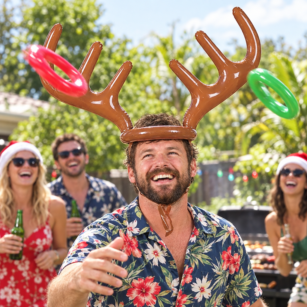 Man wearing the inflatable reindeer ring toss hat at a backyard barbecue (styled scene)