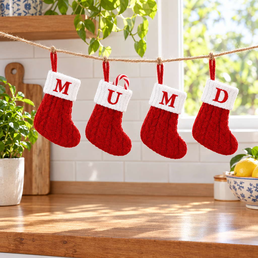 Four mini letter stockings on a garland over a kitchen bench (styled scene)