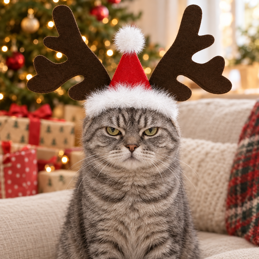 Grumpy cat wearing reindeer antlers and Santa hat headband (styled scene)