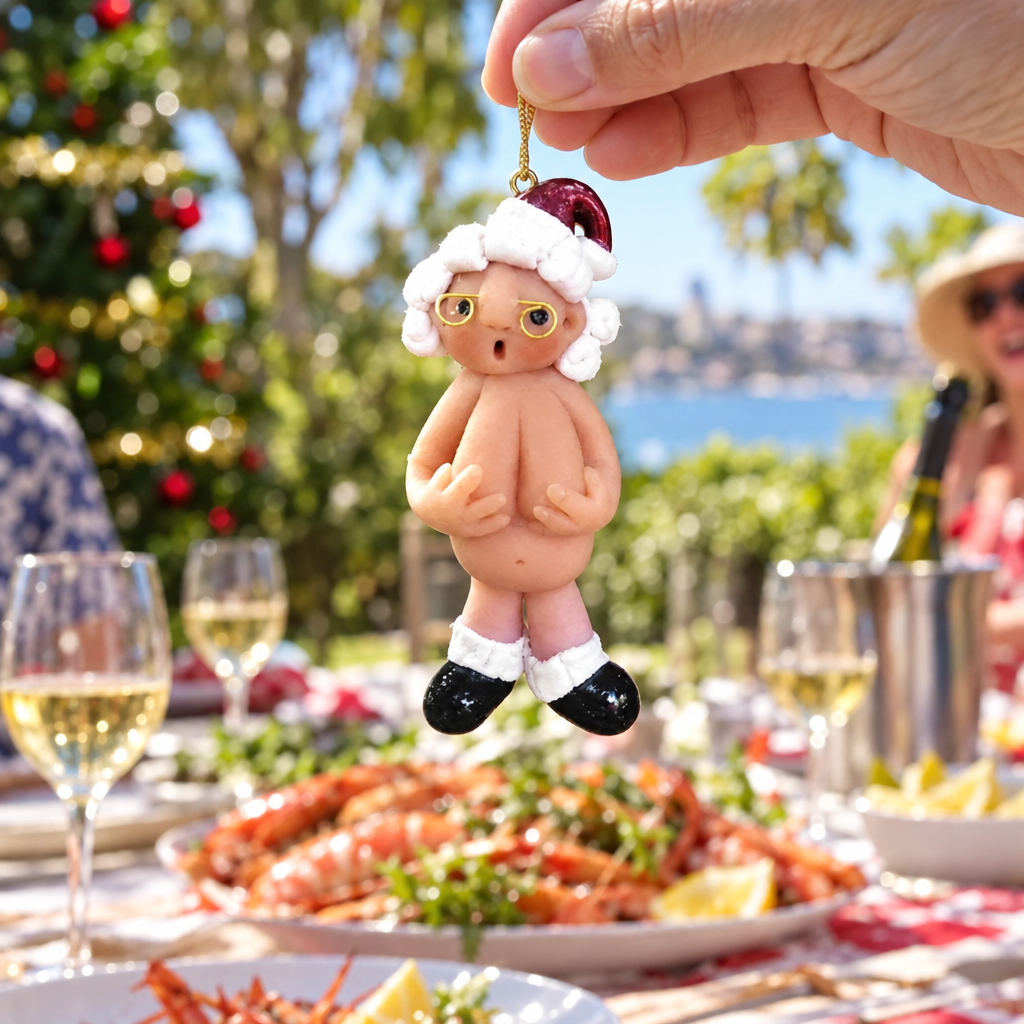 Naughty Mrs Claus ornament held up at a Christmas lunch (styled scene)