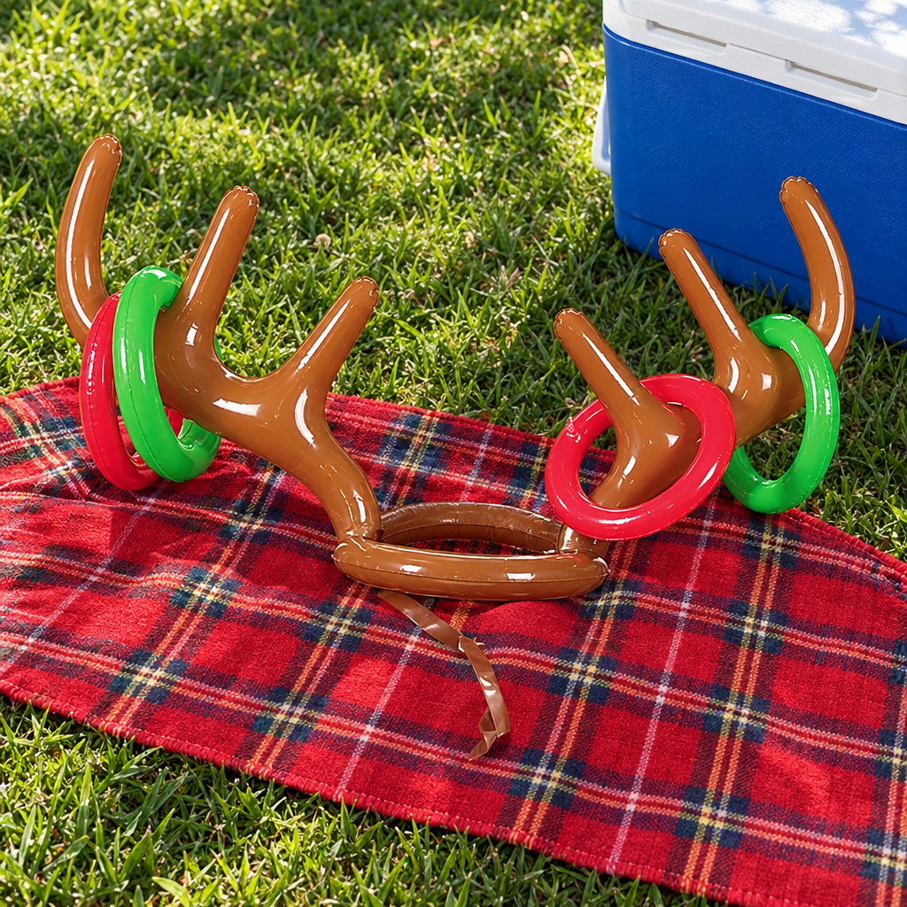 Inflatable reindeer ring toss game on a picnic rug (styled scene)