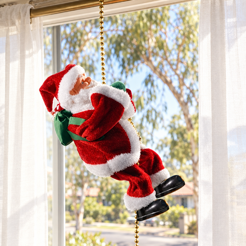 Climbing Santa on a bead rope in a sunny window (styled scene)