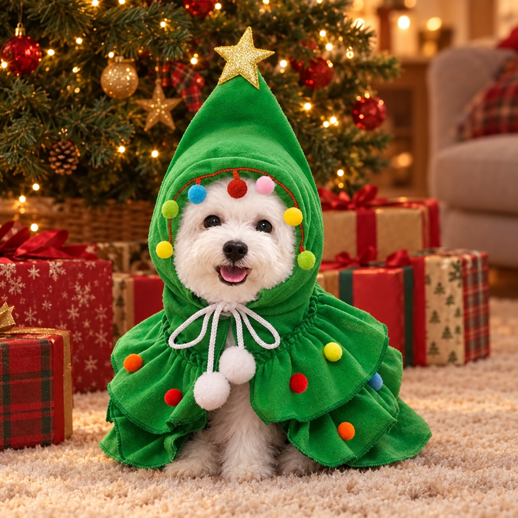 Maltese in the green Christmas tree cloak under the tree (styled scene)
