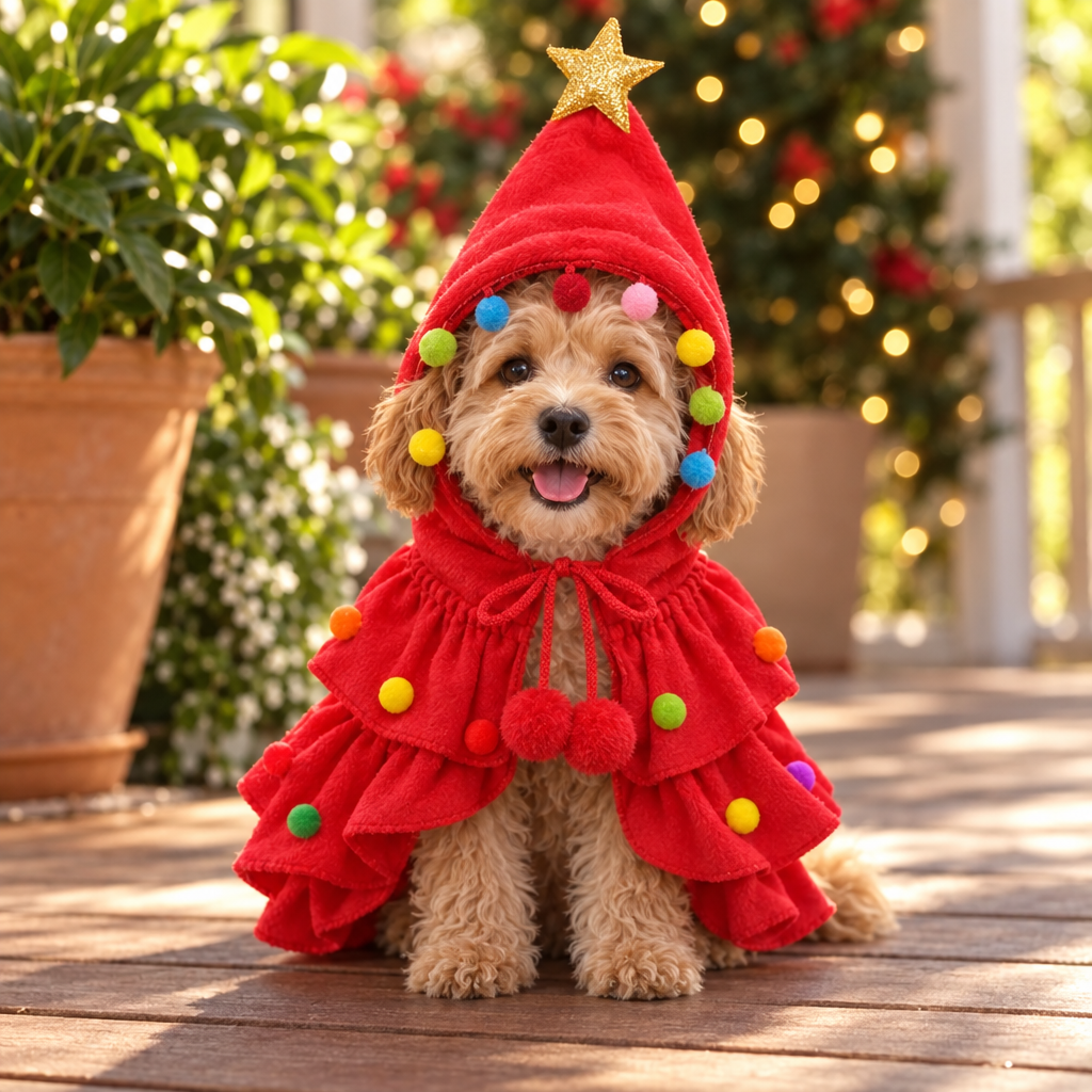 Cavoodle puppy in the red Christmas tree cloak on a verandah (styled scene)