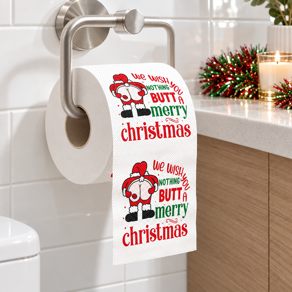 Nothing butt a merry Christmas toilet roll in a bathroom (styled scene)