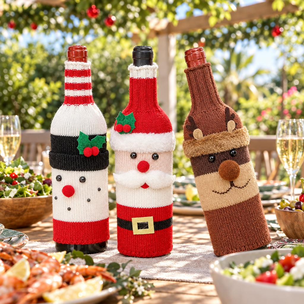 Snowman, Santa and reindeer knitted wine bottle jumpers at an outdoor Christmas lunch (styled scene)