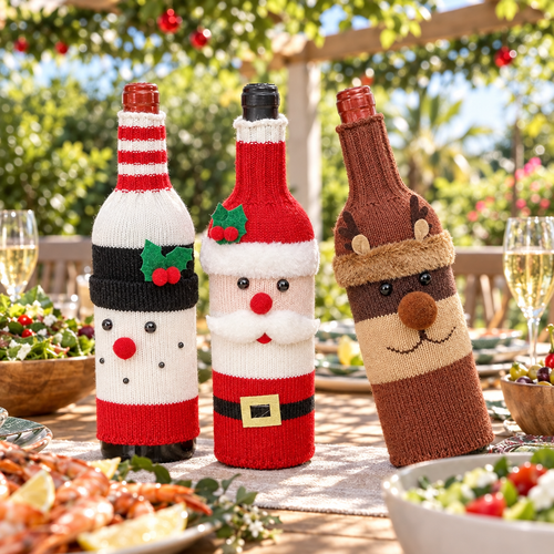 Snowman, Santa and reindeer knitted wine bottle jumpers at an outdoor Christmas lunch (styled scene)