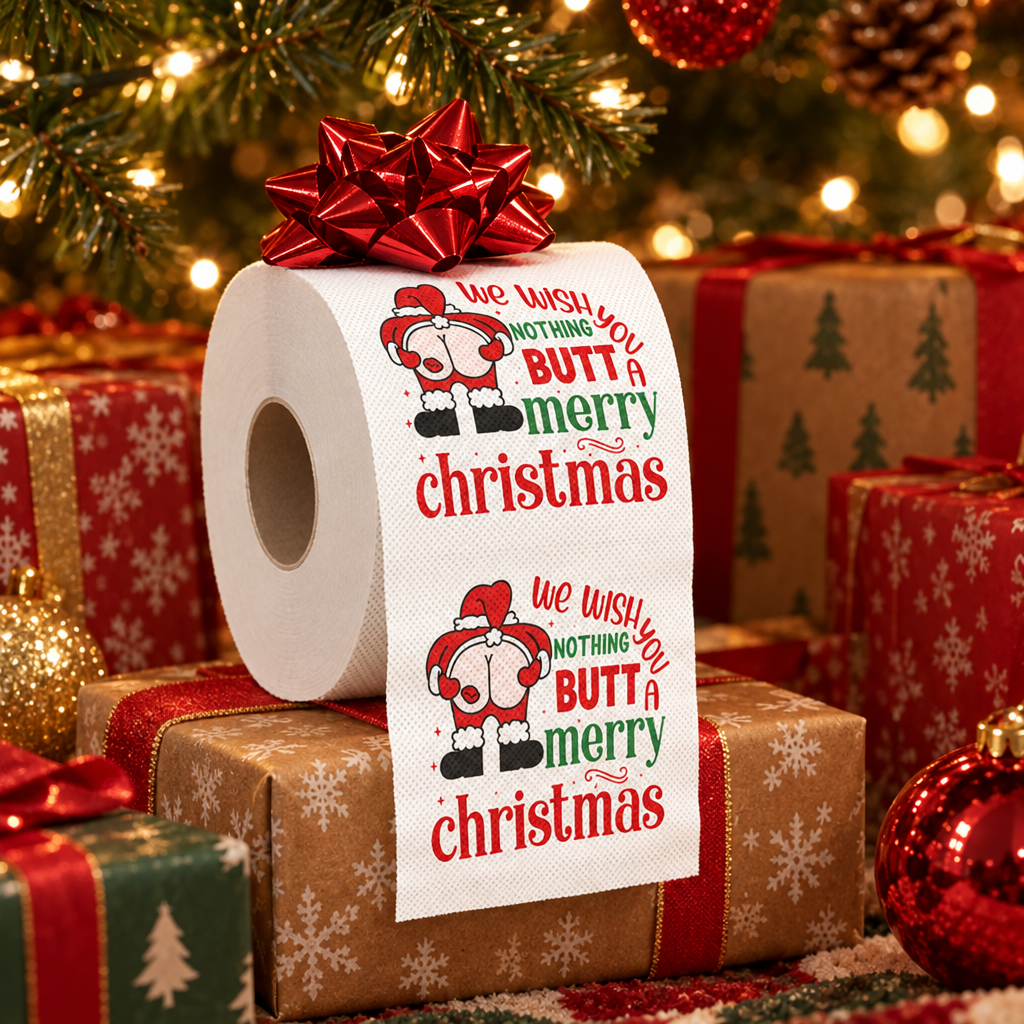 Christmas toilet roll with a red bow among presents (styled scene)