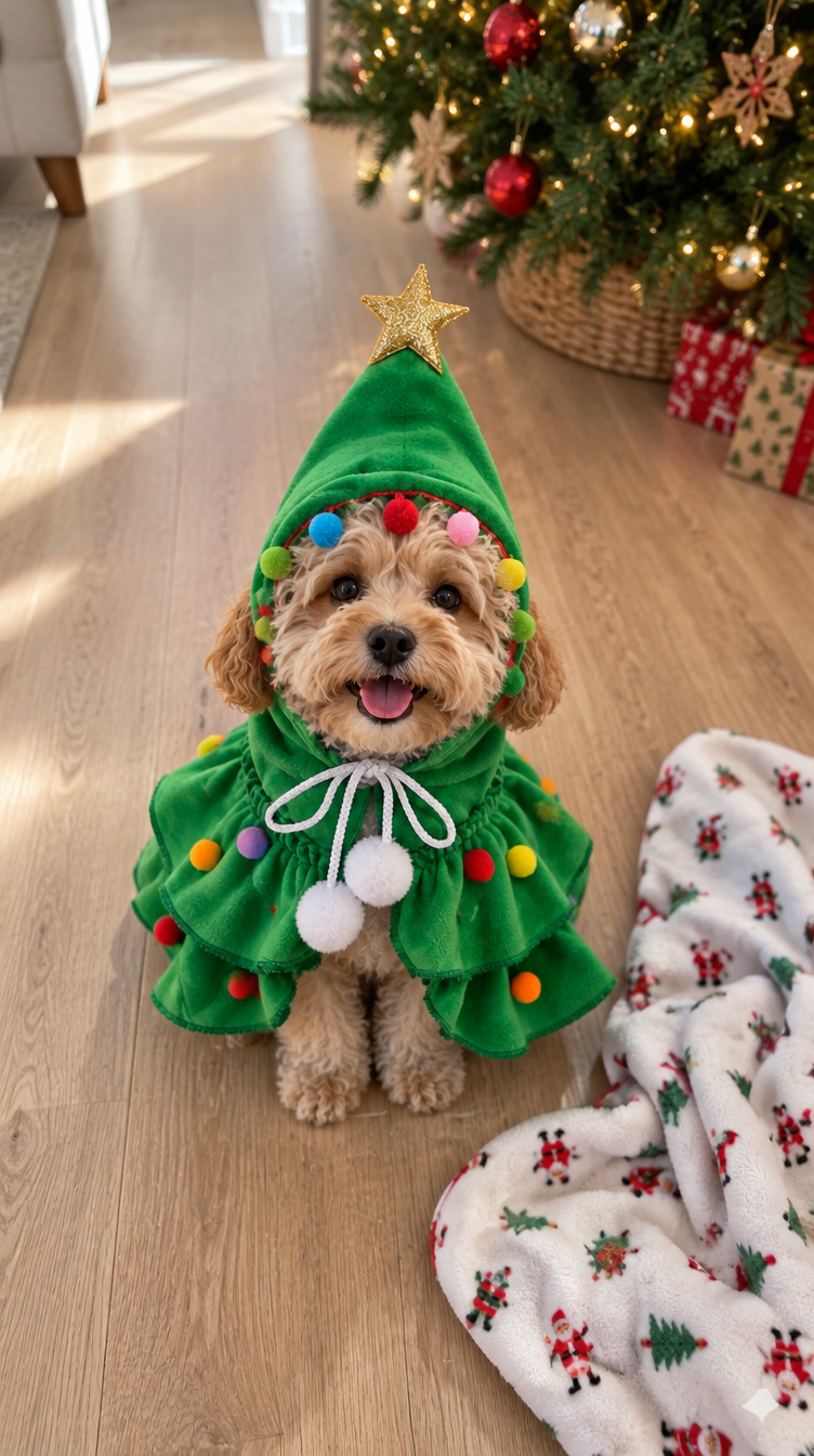 Cavoodle pup in the green tree cape just after the blanket reveal (styled scene)