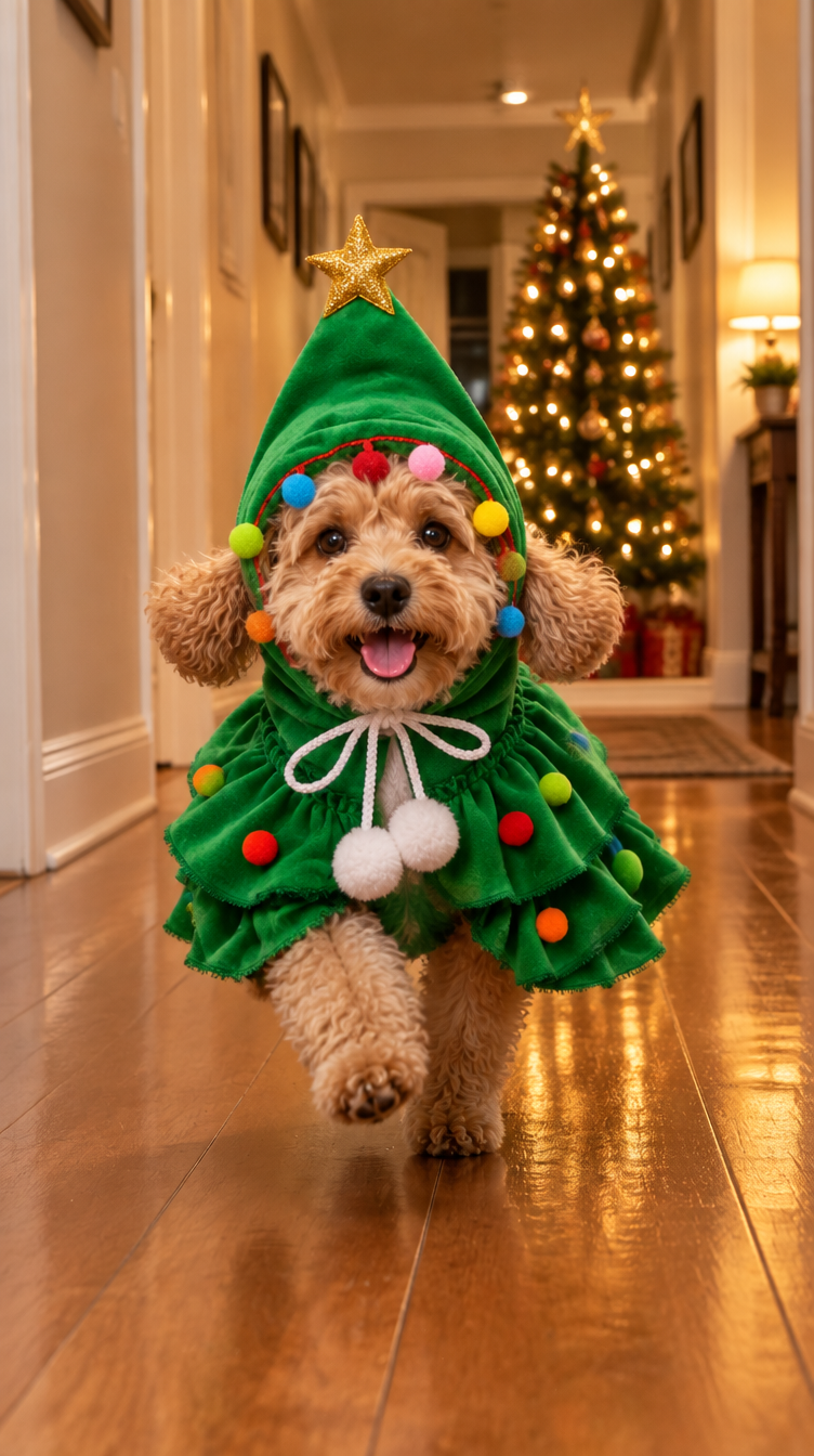 Cavoodle pup in the green tree cape trotting down the hallway (styled scene)