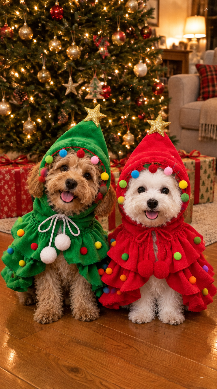 Cavoodle in the green tree cape and maltese in the red tree cape by the Christmas tree (styled scene)