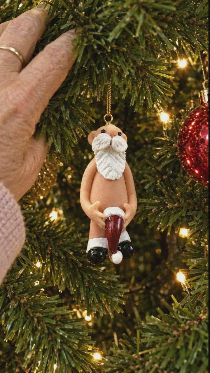 Nan finds the naughty Mr Claus ornament on the tree, gasps, then hangs Mrs Claus next to him (AI-generated reel)